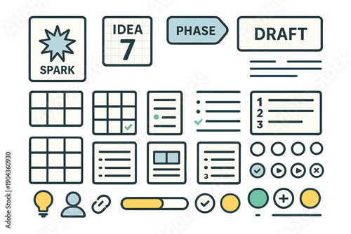 Collection of design elements for project planning and brainstorming tasks in a digital workspace setting