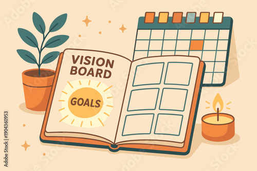 Vision board for personal goals displayed with plants and a calendar in an organized space
