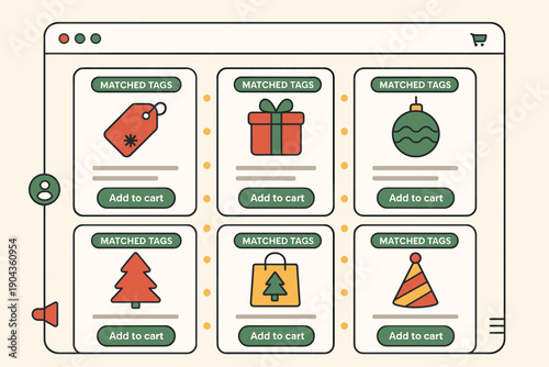 Online shopping page shows gift items for the holiday season with colorful tags and decorations for customers to buy and enjoy