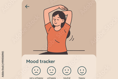 Using a mood tracker with expressions in a simple design during a personal moment of stretching at home