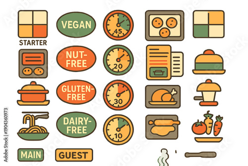 Various food labels and cooking timers showing options for meal preparation and dietary needs in a kitchen setting