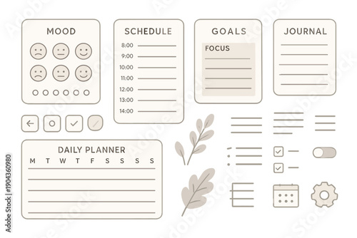 Daily planner layout with sections for mood, schedule, goals, and journal in a simple design style