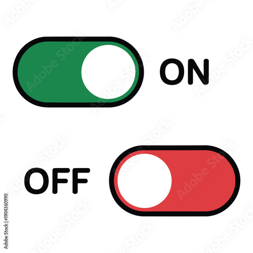 A green toggle switch on and a red toggle switch off