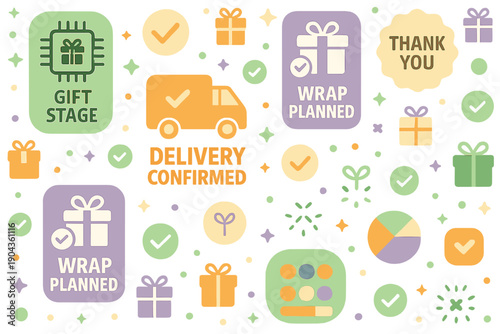 Delivery confirmed for gift stage with wrap planned and thank you notes in colorful design