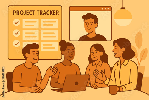 Team discusses project tracker during virtual meeting with members on screen while working on laptop