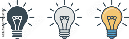 Set of three light bulb icons representing ideas and innovation in flat design style for conceptual use isolated on white