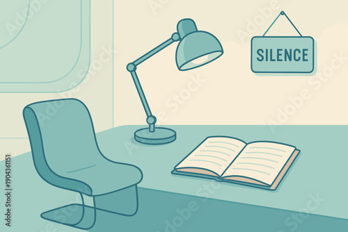 Quiet study area with a lamp and open book on a desk in a simple room setting during daytime hours