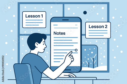Student studies notes from a smartphone while snow falls outside the window in a cozy setting during winter
