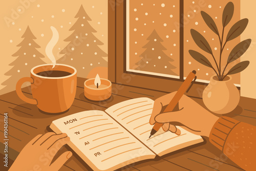 Writing in a notebook while enjoying a warm drink at a window during winter with snow outside and a candle lit