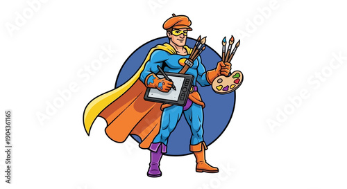 Creative superhero artist with cape and mask holding digital tablet and paintbrush with palette ready to make art