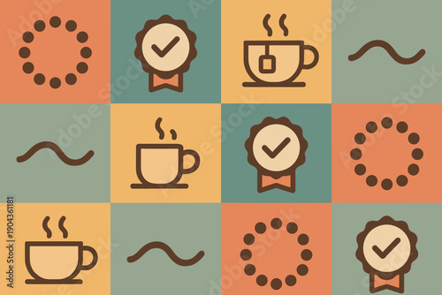 Design with coffee cups and badges on a colorful background with various patterns and symbols