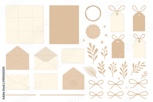 Crafting materials for gift wrapping and stationery on a white background in various shapes and sizes for organizing projects