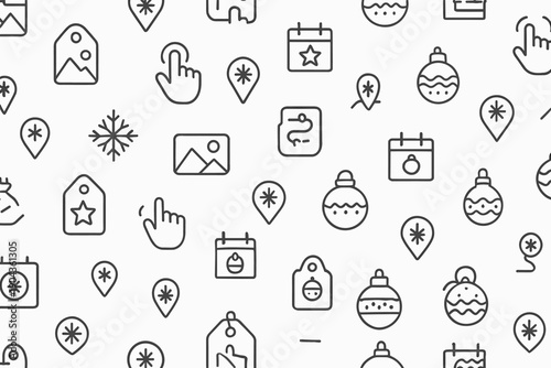 Symbols and icons related to holidays and decorations are shown in simple line art style on a white background during the festive season