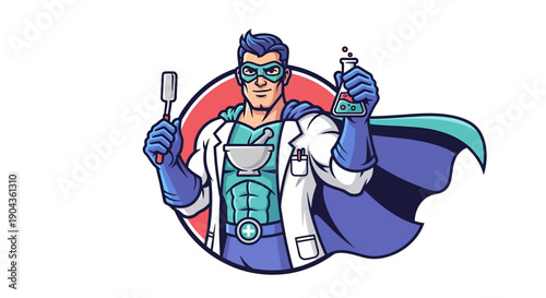 Superhero pharmacist with a cape, holding a mortar and pestle, and a beaker filled with liquid, representing pharmacy and health solutions in a dynamic comic book style illustration