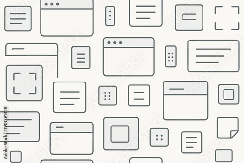 Different shapes and lines represent elements of web design on a plain background