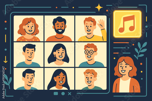 Group of diverse people in a video chat with music icon displayed on a computer screen during an online gathering at night