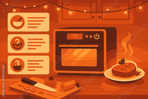 Cooking tools and ingredients arranged in a warm kitchen setting with an oven and recipe cards visible on a table