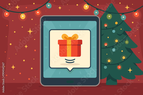 Digital greeting with gift icon and holiday tree decorated with lights in festive setting