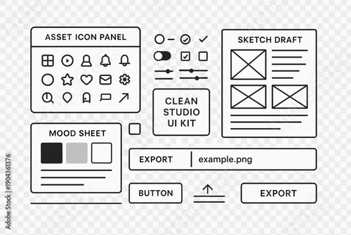 Design elements for a clean studio user interface kit with sketches and icons
