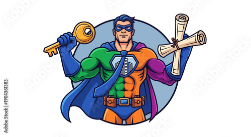Super Hero Holding Golden Key and Scroll of Achievement Symbolizing Security, Success, and Mastery in Business and Education with Bold Colors and Dynamic Pose for a Strong Brand Identity