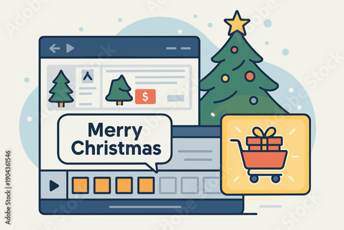 Creative digital design for Merry Christmas online shopping with tree and gift box during holiday season