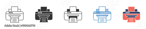 Collection of modern vector line art printer icons, illustrating contemporary office hardware for efficient document printing and digital output, ideal for web and app user interfaces