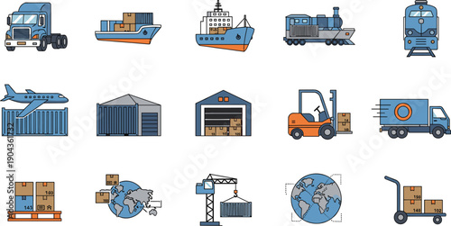 Freight Transportation And Cargo Logistics Icon Set Featuring Shipping Truck, Cargo Ship, Air Freight, Warehouse And Global Distribution Vector Collection