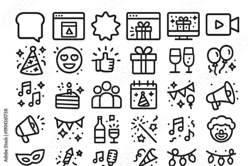 Celebration icons and symbols for parties, events, and gatherings on a white background