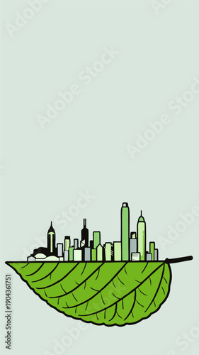 Green City Illustration on Leaf Representing Sustainable Urban Living	
