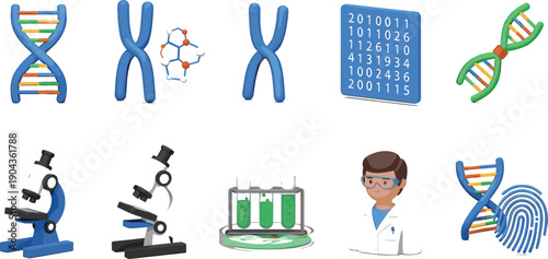 Genetic Engineering And DNA Research Icon Set Featuring Genome Structure, Microscope Analysis, Biotechnology Testing And Medical Science Vector Collection