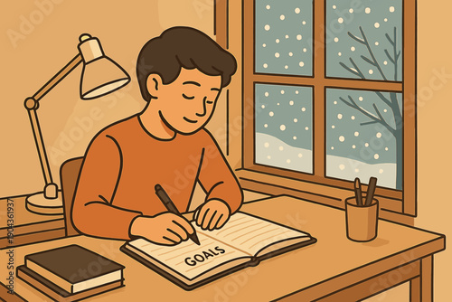 Writing goals at a desk by a window during winter while snow falls outside