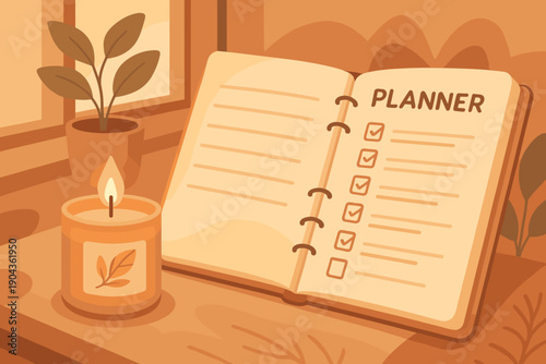 Notebook open on a table with a planner, candle, and plant near a window, creating a cozy workspace