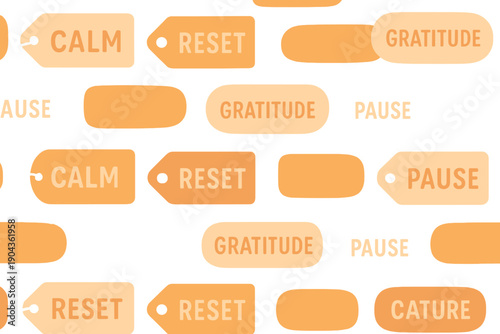 Tags showing words like calm, reset, gratitude, and pause in orange colors on a light background in an abstract pattern