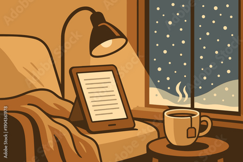 Cozy reading corner with warm cup of tea and snow outside during winter afternoon