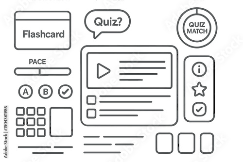 Learning tools are shown like flashcards, quizzes, and interactive elements for online education