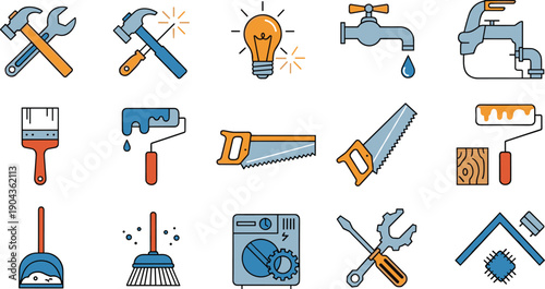 Home Repair And Construction Tools Icon Set Featuring Plumbing, Carpentry, Painting Equipment And Maintenance Work Vector Collection