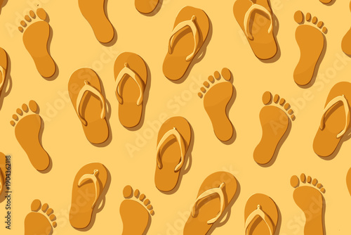 Footprints and flip flops on sandy background showing summer fun at the beach or in warm weather during daylight