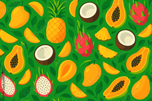 Many fruits such as mango, pineapple, and dragon fruit on a green background with leaves during a daytime setting