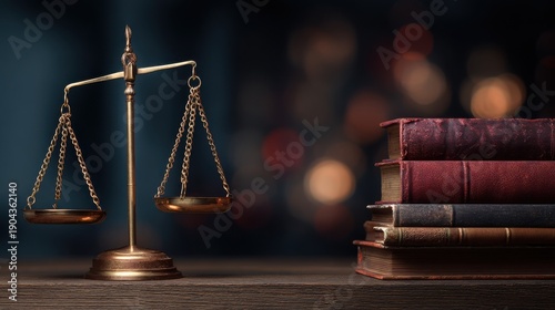 Legal concept illustration of Justice Scales and law books on a desk Copy space image Place for adding text or design.