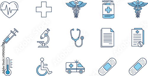 Medical Healthcare And Hospital Icon Set Featuring Doctor Equipment, Ambulance, Syringe, Stethoscope, Prescription And Emergency Care Line Vector Collection
