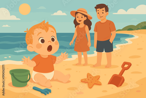 Child plays in sand while parents watch at beach during sunny day near ocean