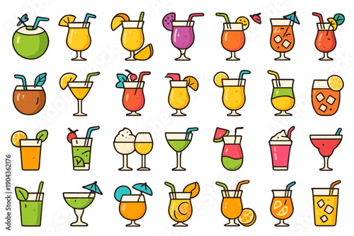 Different types of drinks and cocktails are shown in bright colors with fruits, ice, and other garnishments in a fun layout on white background