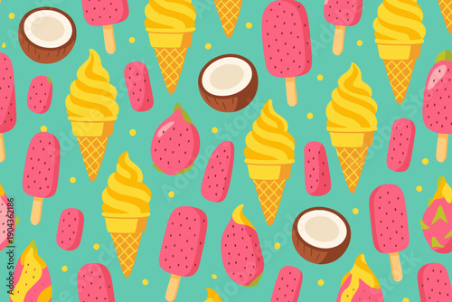 Bright and colorful ice cream patterns on a blue background feature cones, popsicles, and fruit shapes celebrating summer snacks