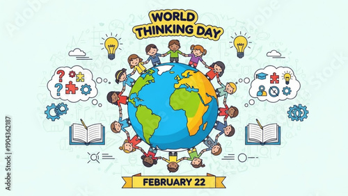 World thinking day illustration with diverse children around the globe