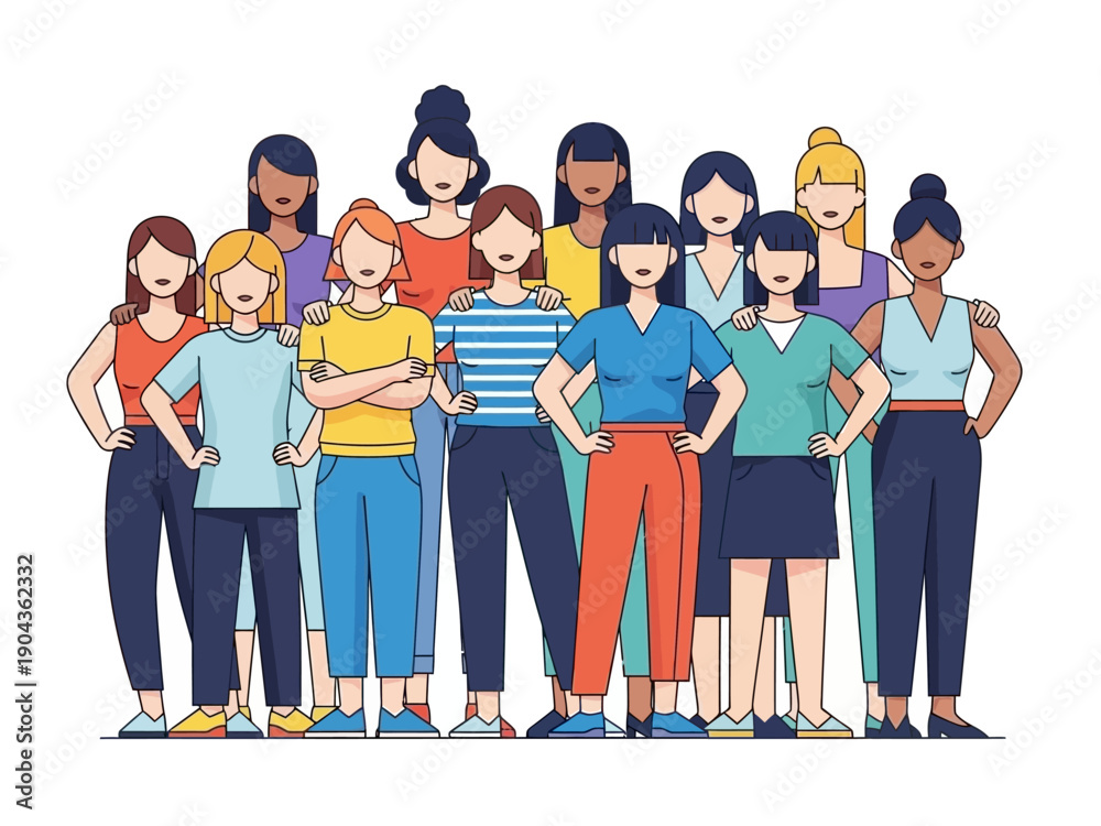 Obraz premium Group of diverse cartoon women standing together against a white background