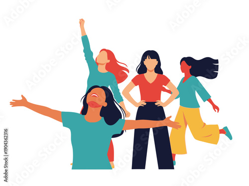 Four stylized women in vibrant clothing expressing joy and solidarity