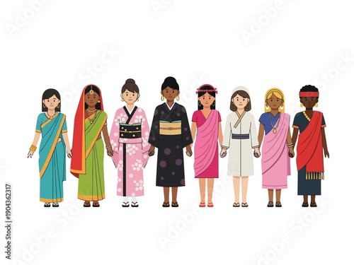 Eight women in diverse traditional clothing standing sidebyside