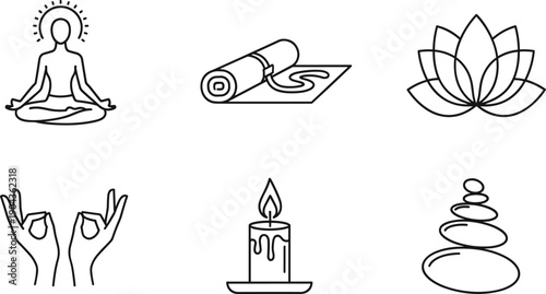 Meditation And Yoga Wellness Icon Set Featuring Lotus Flower, Candle, Zen Stones, Mudra Hands And Relaxation Therapy Line Vector Collection