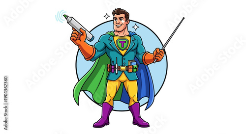A cheerful cartoon superhero man with a cape, gloves, and a mask, holding a marker and a pointer stick in his hands, ready for action or presentation, with a blue circular background and sparkles