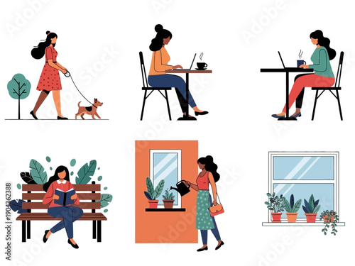 Six vignettes showing women engaged in outdoor and indoor activities like walking a dog working reading and tending plants